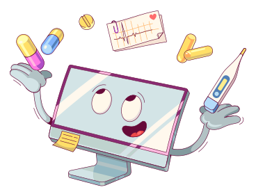 Pills, thermometer, cardiogram fly over the monitor PNG, SVG