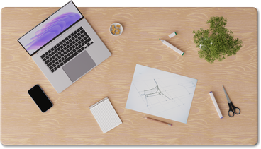 Vista superior da mesa com laptop, bloco de notas e desenho PNG, SVG