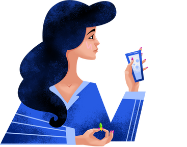 woman in a blue shirt with a glass of water and a pill PNG, SVG