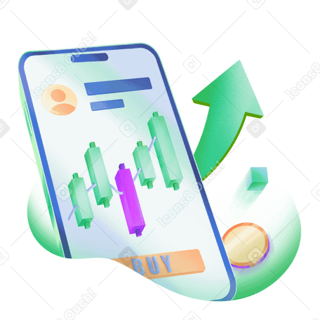 구매 버튼과 성장 화살표가 있는 모바일 거래 앱 PNG, SVG
