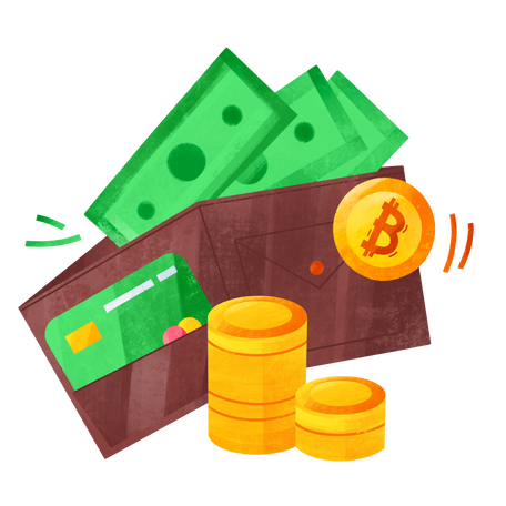 banknotes coins and a credit card lying in a brown wallet Illustration in PNG, SVG