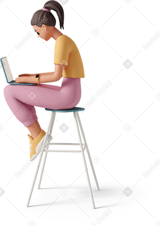3D 坐在凳子上拿着笔记本电脑的女孩 PNG, SVG