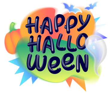 Lettering happy halloween with pumpkin, ghost and bats text PNG, SVG