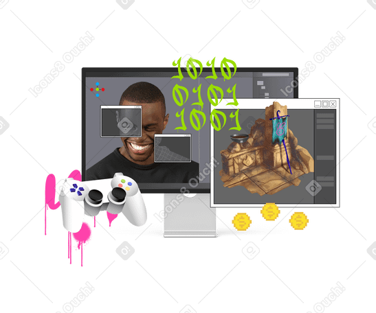 Game development and design on computer screen PNG, SVG