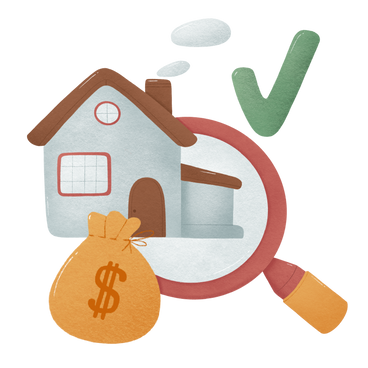 searching for real estate with a magnifying glass and a bag of money PNG, SVG