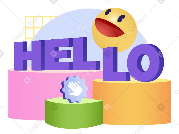 Lettrage bonjour ! avec un signe de la main et un texte souriant PNG, SVG