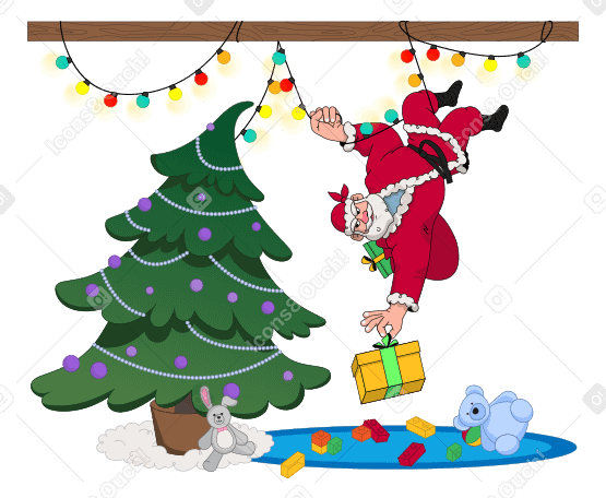 Der ninja-weihnachtsmann hängt an einer girlande mit einem geschenk, um es unter den weihnachtsbaum zu legen PNG, SVG