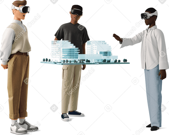 3D Vr 안경을 쓰고 모형을 보고 있는 세 사람 PNG, SVG