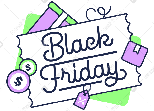Lettering Black Friday with boxes and coins text PNG, SVG