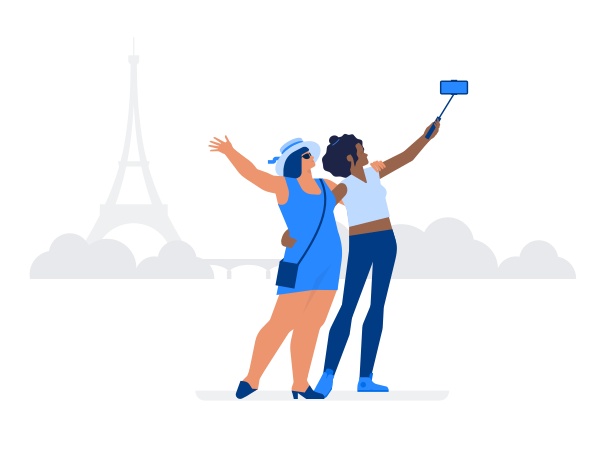 Female tourists taking selfie in front of Eiffel Tower Illustration in PNG, SVG