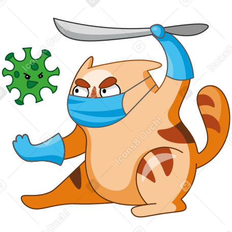Gatto con maschera facciale e guanti che combattono una cellula di coronavirus con un coltello PNG, SVG