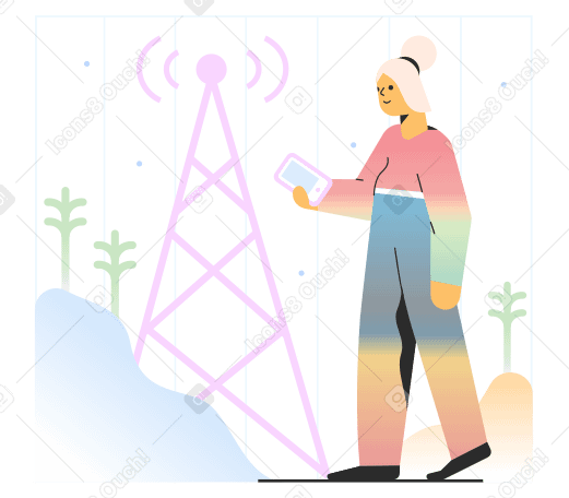 Woman with phone next to cell tower PNG, SVG