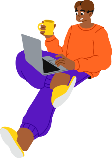 guy sitting with coffee and laptop PNG, SVG