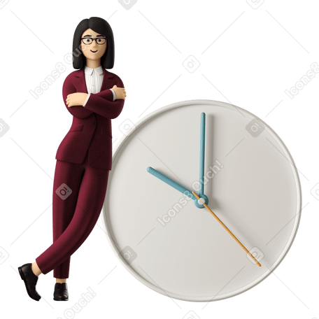 3D businesswoman leaning on big clock with arms crossed PNG, SVG