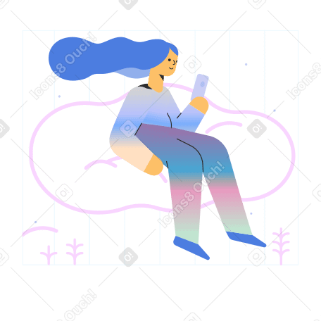 Woman sitting on a cloud scrolling on her phone PNG, SVG