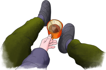 Legs of a traveler with a mug in his hand в PNG, SVG