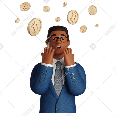 3D Man surprised under the bitcoin rain PNG, SVG