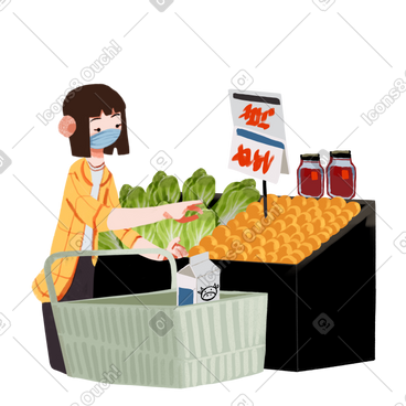 Girl with a mask in the grocery store PNG, SVG