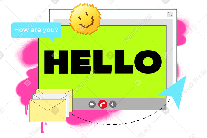 Letras olá na janela de videochamada com sorriso e texto de envelopes PNG, SVG