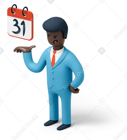 3D Black man in suit showing a calendar PNG, SVG