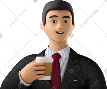 Close up of businessman in black suit with paper coffee cup PNG, SVG