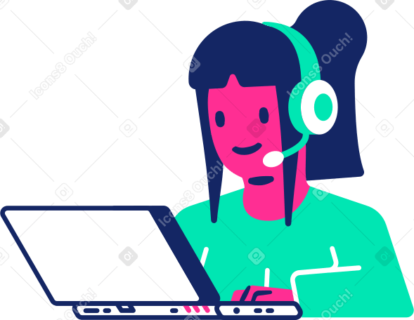 Chica en auriculares con computadora portátil PNG, SVG
