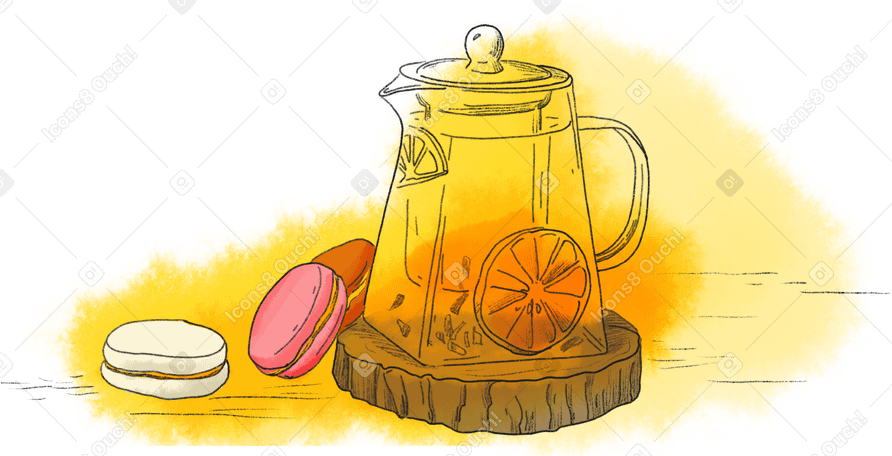 glass teapot and three macaroons are lying next to it PNG, SVG