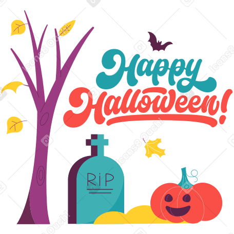 Letras feliz halloween! com texto de abóbora e árvore de outono PNG, SVG