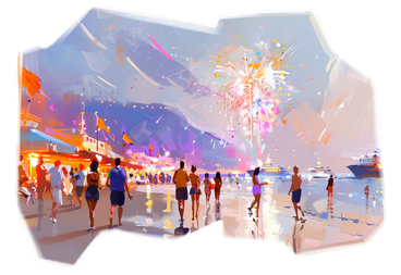 祭りの雰囲気のあるビーチの油絵 PNG、SVG