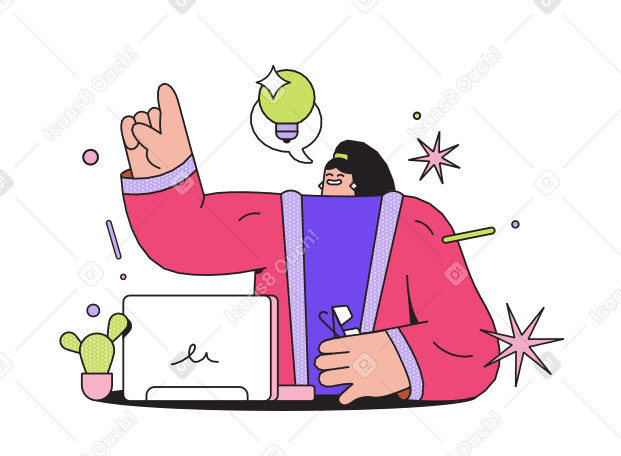 Woman sitting near laptop and having an idea PNG, SVG