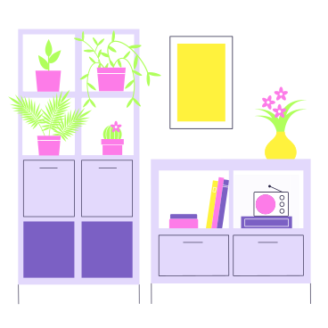 Современный домашний интерьер с книжным шкафом и растениями в PNG, SVG