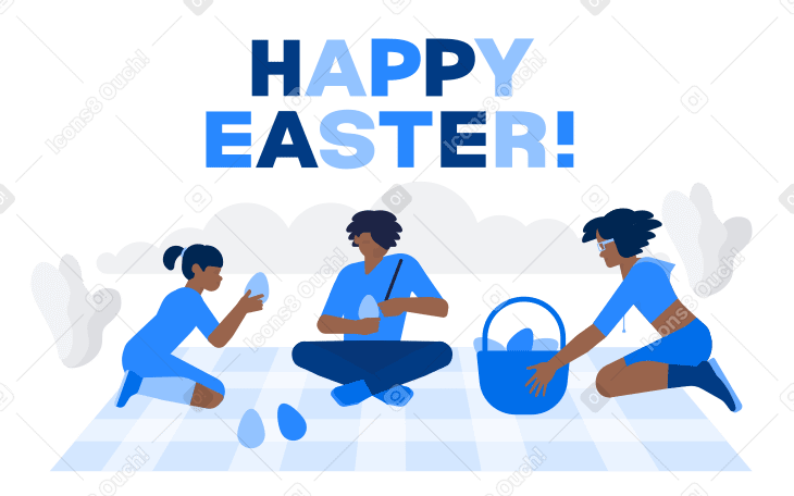 Lettering happy easter com uma família que pinta ovos para a páscoa PNG, SVG