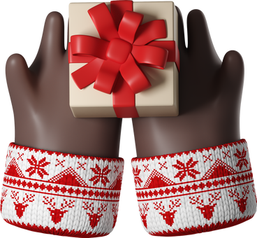Black skin hands in white Christmas sweater holding gift box PNG, SVG