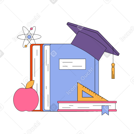 Cap hangs on the books and next to it lies an apple and a flying molecule PNG, SVG