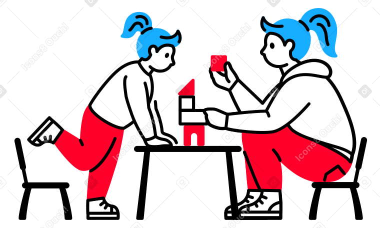 Child and a woman playing with blocks animated illustration in GIF, Lottie (JSON), AE