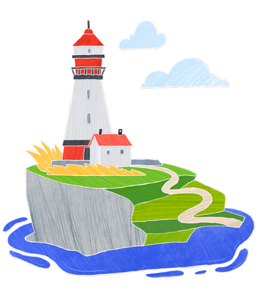 Large white and red lighthouse standing on a mountain surrounded by water PNG, SVG