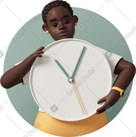 3D woman holding clock in front of her PNG, SVG