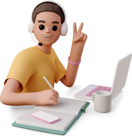young woman in headset taking notes in front of laptop and showing v sign Illustration in PNG, SVG