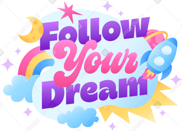 Schriftzug „follow your dream“ mit rakete, regenbögen und planetentext PNG, SVG