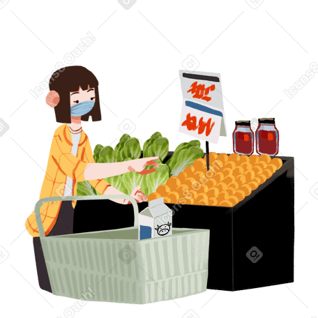 Girl with a mask in the grocery store Illustration in PNG, SVG