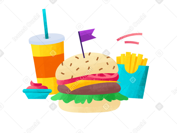 Иллюстрация Комбинированный набор для фаст-фуда: картофель фри, бургер, соус и газировка в PNG и SVG
