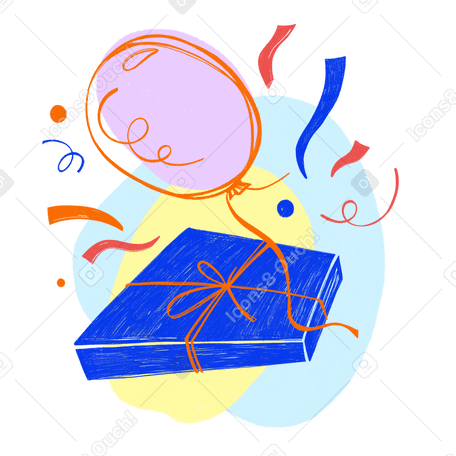 Blue holiday box with balloon and confetti Illustration in PNG, SVG