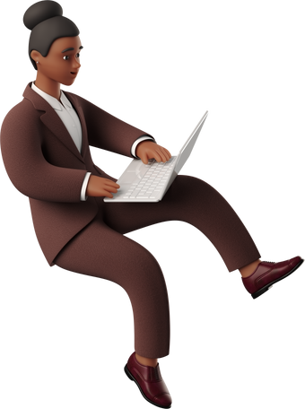 3D seated black businesswoman working on laptop Illustration in PNG, SVG
