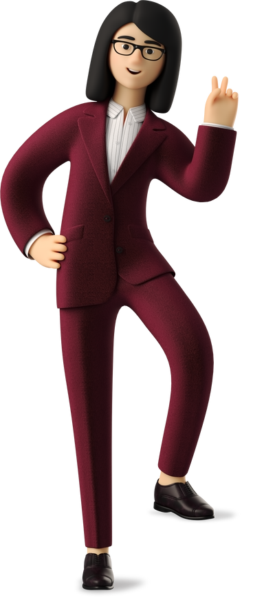 businesswoman in red suit leaning with one leg and showing peace sign PNG, SVG