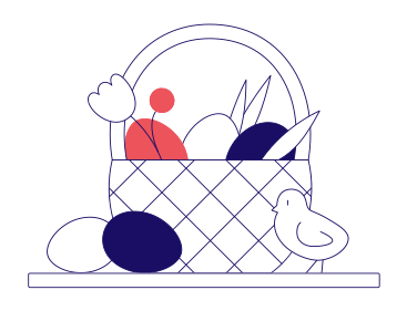 篮子里有复活节彩蛋、鲜花和小鸡 PNG, SVG
