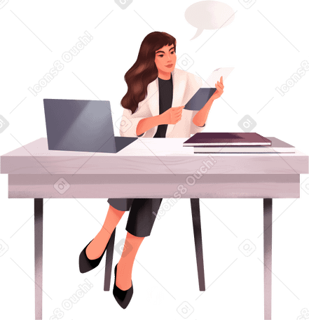 girl works at her desk Illustration in PNG, SVG