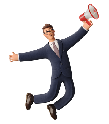 Uomo d'affari che salta con il megafono pubblicitario PNG, SVG