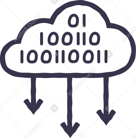 black outline cloud with three arrows down and binary code inside Illustration in PNG, SVG