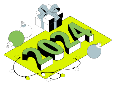 Анимированная иллюстрация Надпись 2024 с подарочной коробкой и текстом рождественских безделушек в GIF, Lottie (JSON), AE
