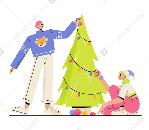 Ilustración animada de Hombre y mujer decoran juntos un árbol de navidad en GIF, Lottie (JSON), AE